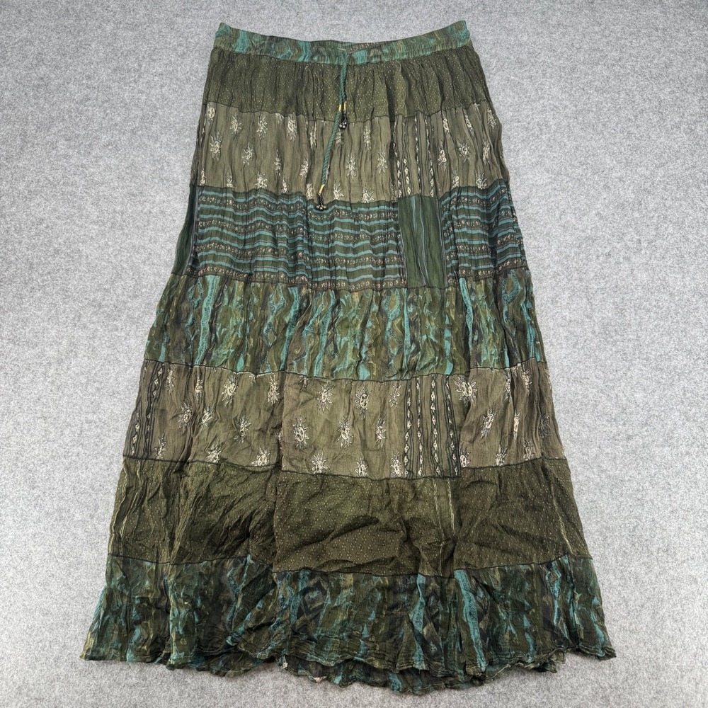 Zero Zero Green Patchwork Sun Print Tiered Maxi Skirt Boho Rayon Large India